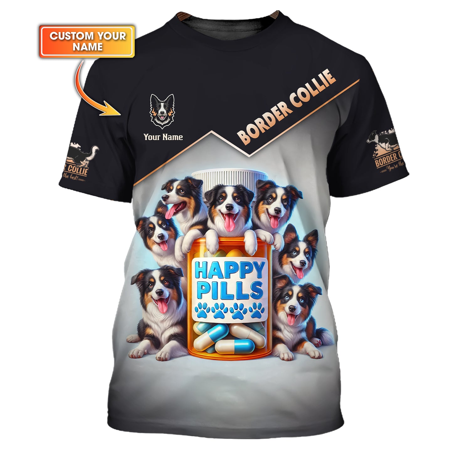 Camiseta personalizada con nombre en 3D de Border Collie. Nunca camines solo. Regalo para amantes de los perros