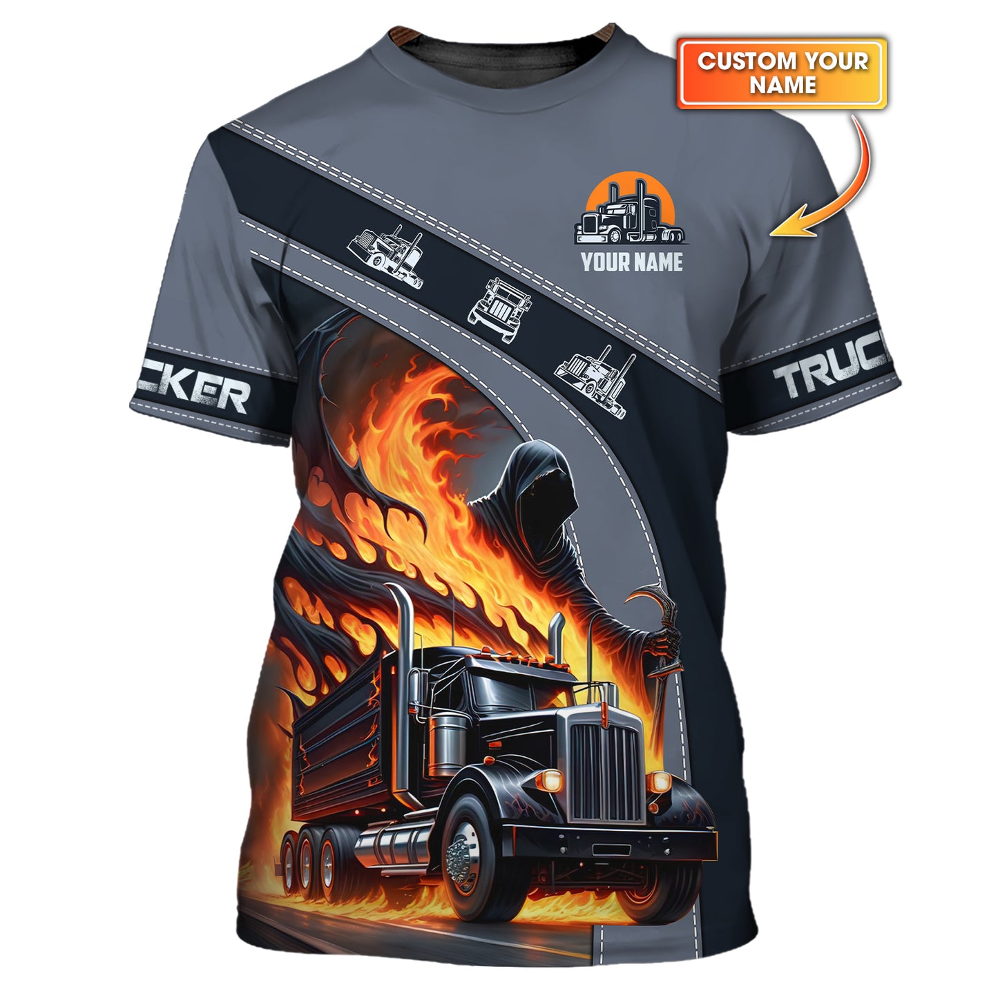 Camisa de Halloween con nombre personalizado para camionero, regalo de camión o golosina para amantes de Halloween, camisetas 3D