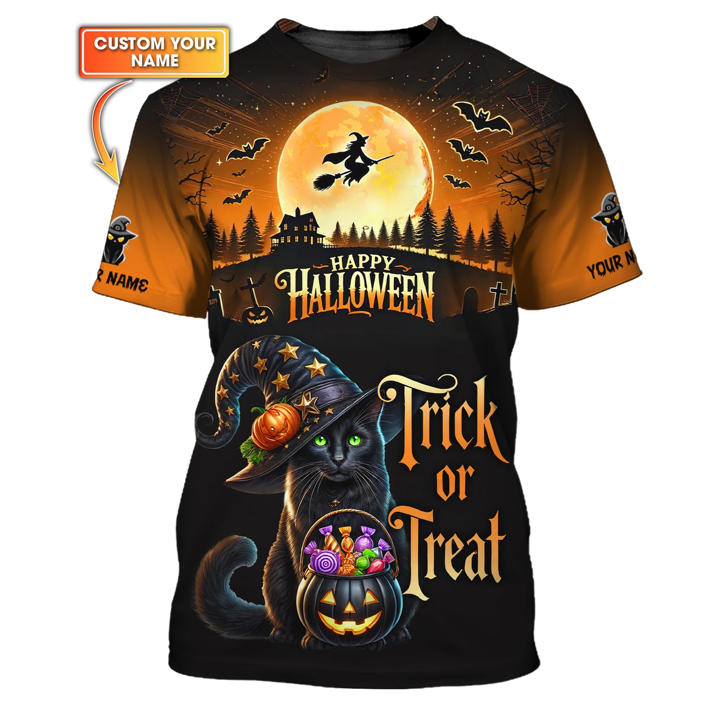 Camiseta personalizada con nombre en 3D de gato negro para Halloween, regalo de truco o trato para los amantes de Halloween