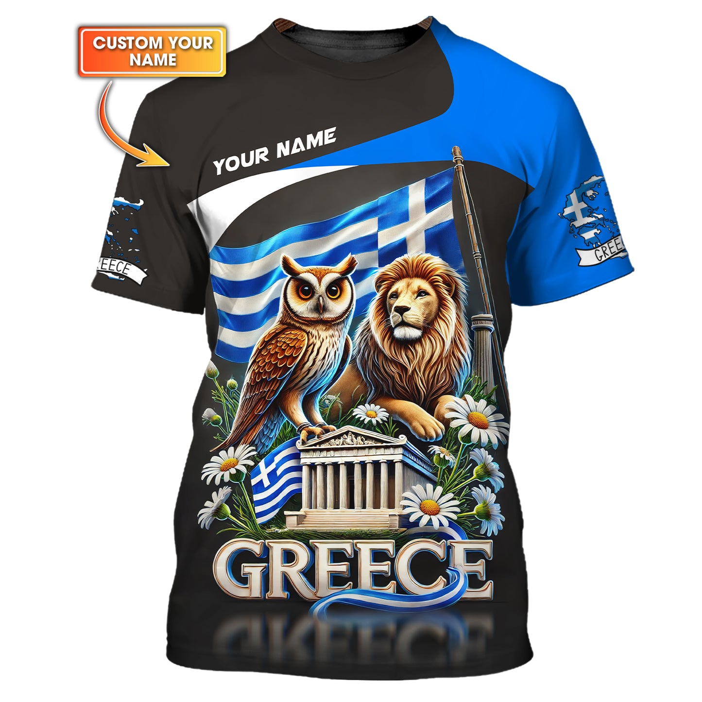 T-shirt personnalisé avec lion et hibou de Grèce - Célébrez l'héritage grec