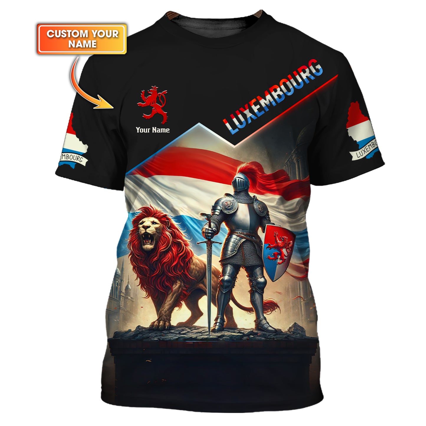 T-shirt 3D personnalisé avec nom de chevalier luxembourgeois et lion, cadeau personnalisé pour les amoureux du Luxembourg