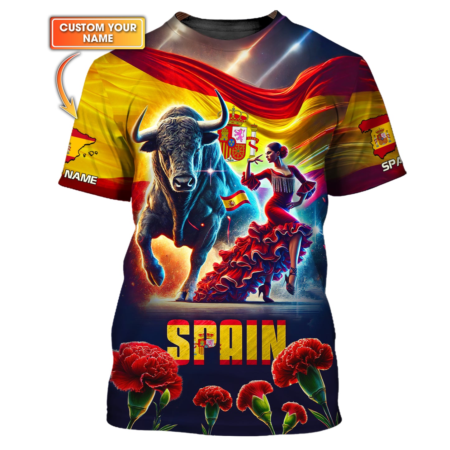 Camiseta personalizada con nombre de España y baile flamenco con toro, regalo para amantes de España