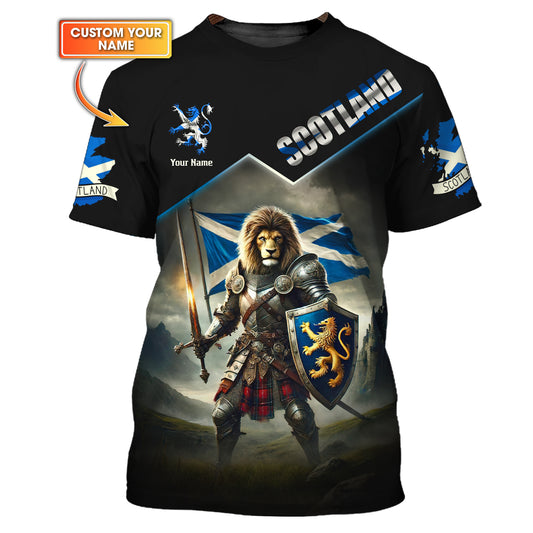 T-shirt 3D avec nom personnalisé Lion Knight, cadeau personnalisé pour les amoureux de l'Écosse