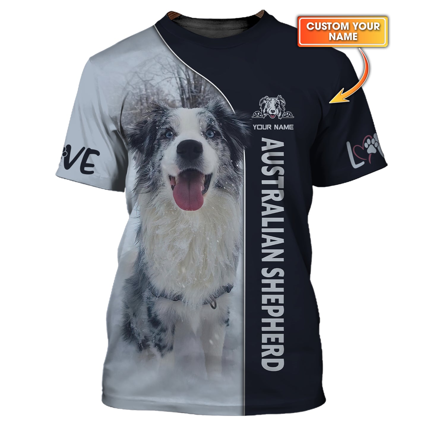 T-shirt 3D personnalisé avec nom de berger australien, cadeau pour les amoureux des chiens