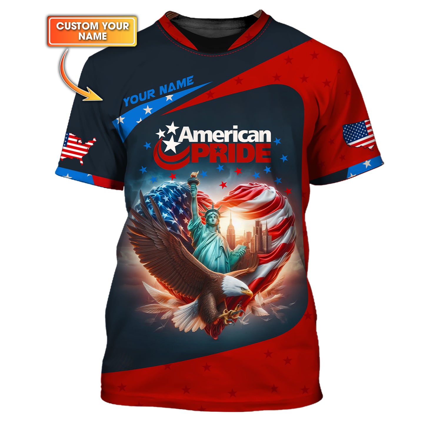 T-shirt personnalisé avec nom en 3D America Heart, cadeau personnalisé pour les amoureux de l'Amérique