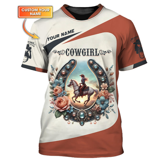 Custom Name Cowgirl With Horseshoe Flowers 3D Shirt Gift For Cowgirl Lovers
