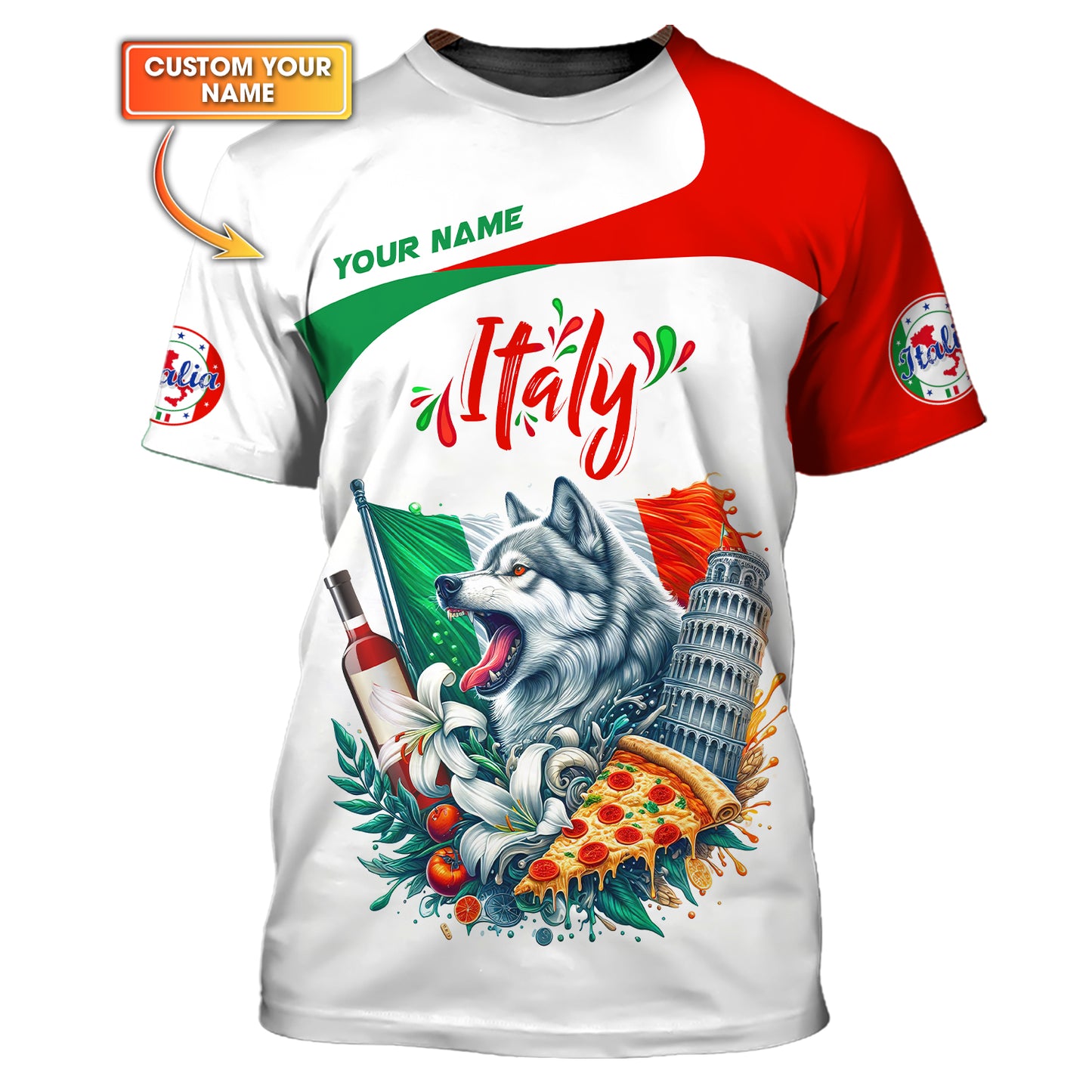 Camiseta con estampado 3D completo de lobo gris de Italia, regalo personalizado con nombre para amantes italianos