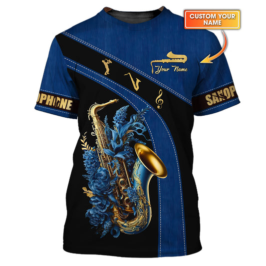 T-shirt 3D avec nom personnalisé pour saxophone, cadeau personnalisé pour les amateurs de saxophone