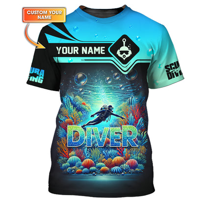 Camiseta personalizada con nombre en 3D para amantes del buceo y la exploración del océano