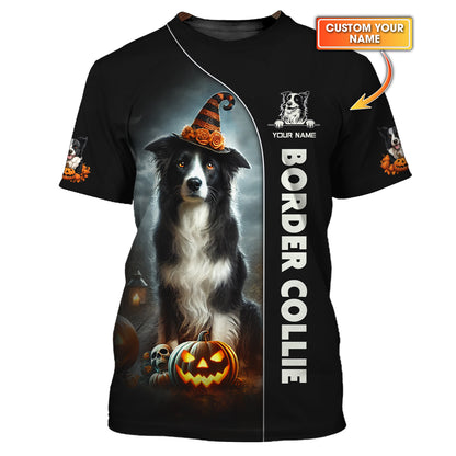 Camiseta personalizada con nombre en 3D de Border Collie. Regalo de feliz Halloween para amantes de los perros