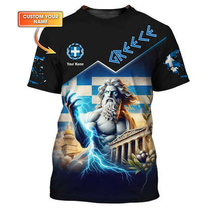 T-shirt Zeus Grèce entièrement imprimé en 3D, cadeau personnalisé avec nom pour les amoureux grecs