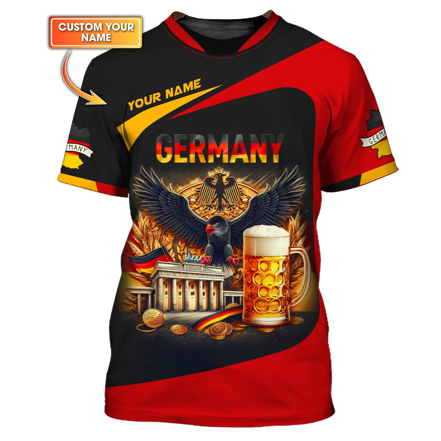 Aigle avec bière Allemagne T-shirt personnalisé avec nom Cadeau personnalisé pour les amoureux de l'Allemagne