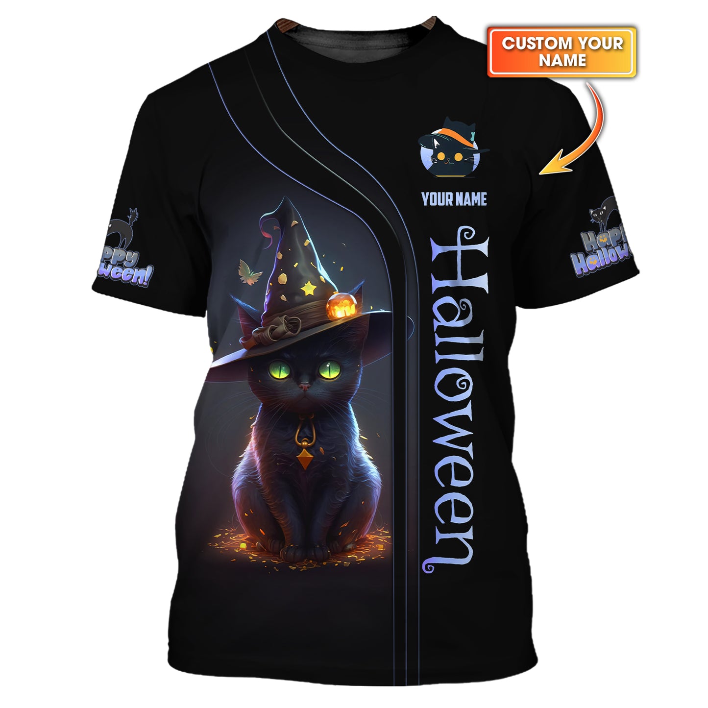 Camisetas personalizadas de Halloween Camiseta 3D del gato negro de Halloween Regalo para los amantes de Halloween