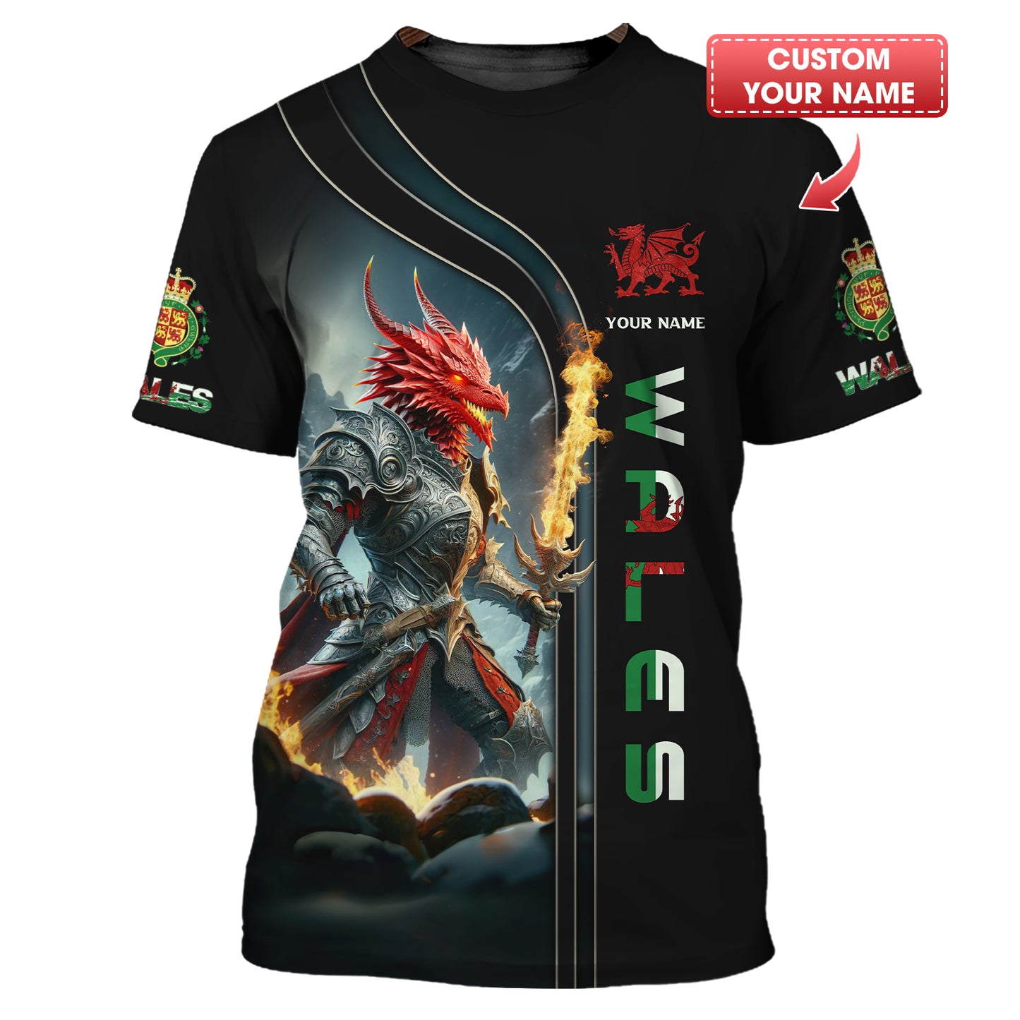 T-shirt personnalisé Dragon Knight Wales avec nom Cymru, cadeau pour les amoureux du Pays de Galles