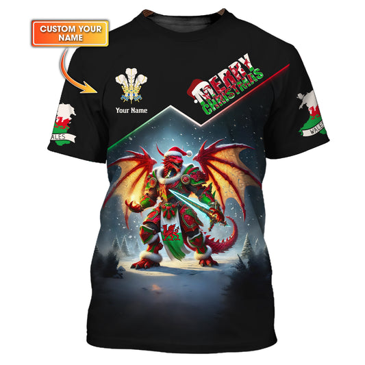 Welsh Dragon Christmas Armor 3D Shirt Personalized Name Gif For Welsh Lovers