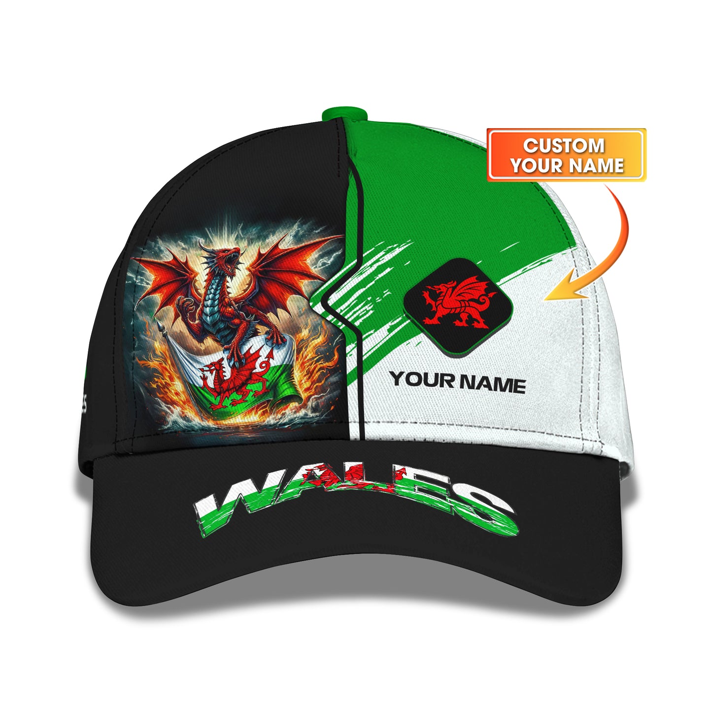 Casquette classique personnalisée avec nom personnalisé Dragon rouge et drapeau du Pays de Galles, cadeau pour les amoureux du Pays de Galles