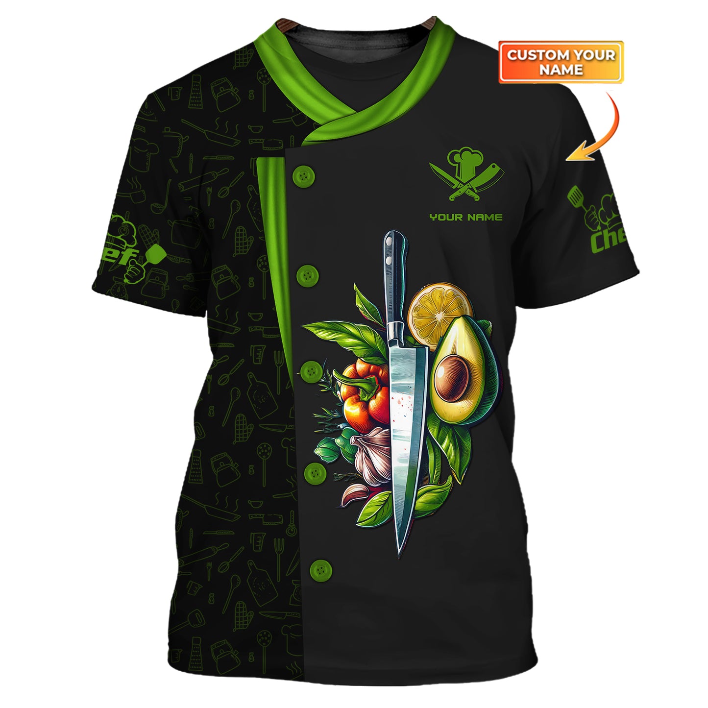 Camisetas personalizadas de chef con cuchillos unisex, camiseta de chef con cuchillo de cocina en 3D, regalo para chef