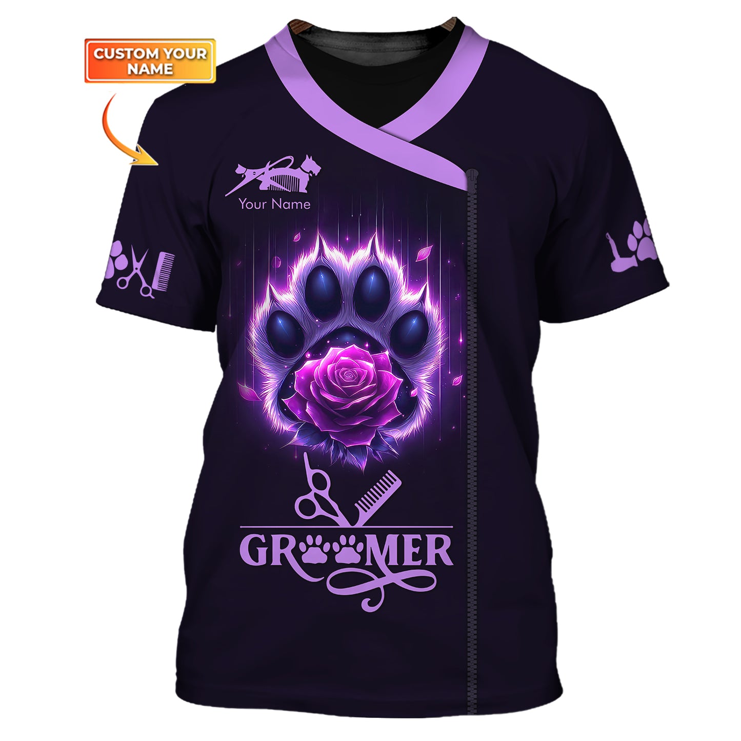 T-shirts personnalisés Groomer Paw And Rose Purple 3D Shirt