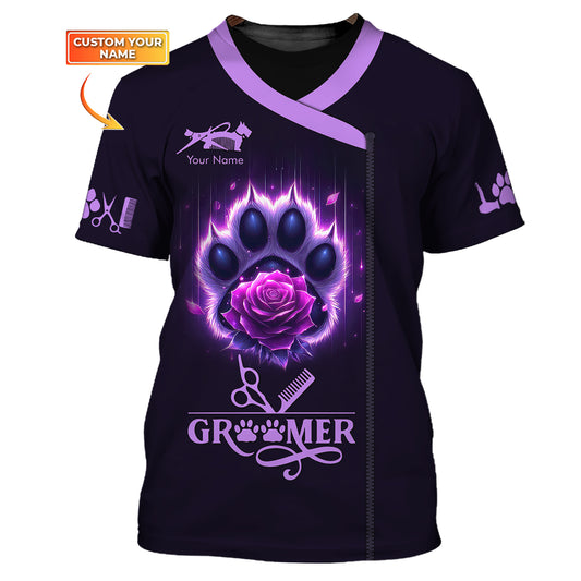 Groomer Custom T-Shirts Paw And Rose Purple 3D Shirt