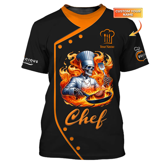 Camisetas personalizadas de chef que cocinan Camiseta 3D de chef con calavera y fuego