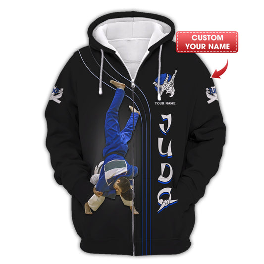 Sudadera con capucha y cremallera con estampado 3D y nombre personalizado de judo, regalo personalizado para amantes del judo