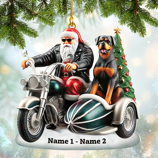 Biker Santa With Rottweiler Christmas Ornament, Home Decor Gift For Dog Lovers