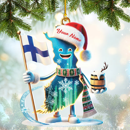 Personalized Finland Christmas Ornament Festive Aurora Character With Santa Hat and Barrel Mug, Home Decor Gift For Finland Lovers