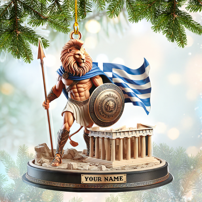 Custom Name Greek Lion Warrior Christmas Ornament - Personalized Parthenon And Flag Holiday Decoration