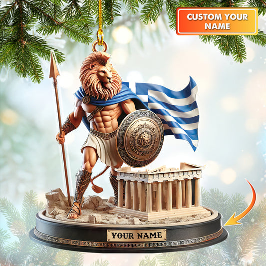 Custom Name Greek Lion Warrior Christmas Ornament - Personalized Parthenon And Flag Holiday Decoration