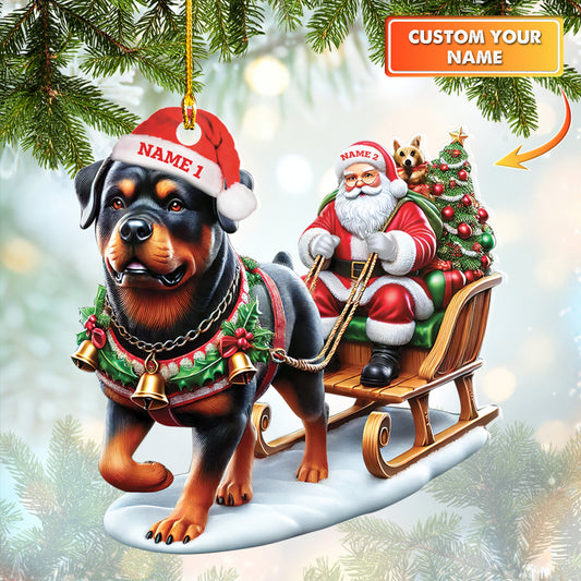 Personalized Christmas Rottweiler And Santa Sleigh Ornament, Home Decor Gift For Dog Lovers