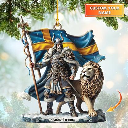 Personalized Sweden Viking Ornament Custom Nordic Warrior Decor With Lion And Swedish Flag