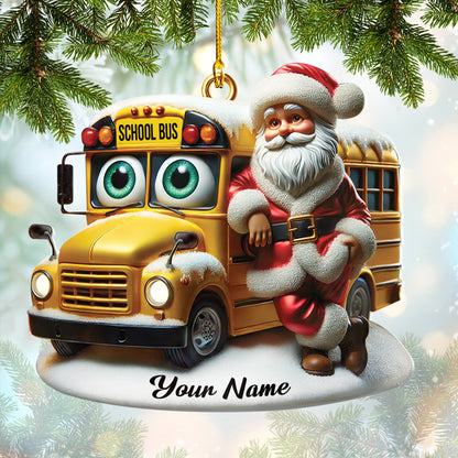 Personalized Santa and School Bus Ornament, Home Decor Gift For Bus Drive Lovers