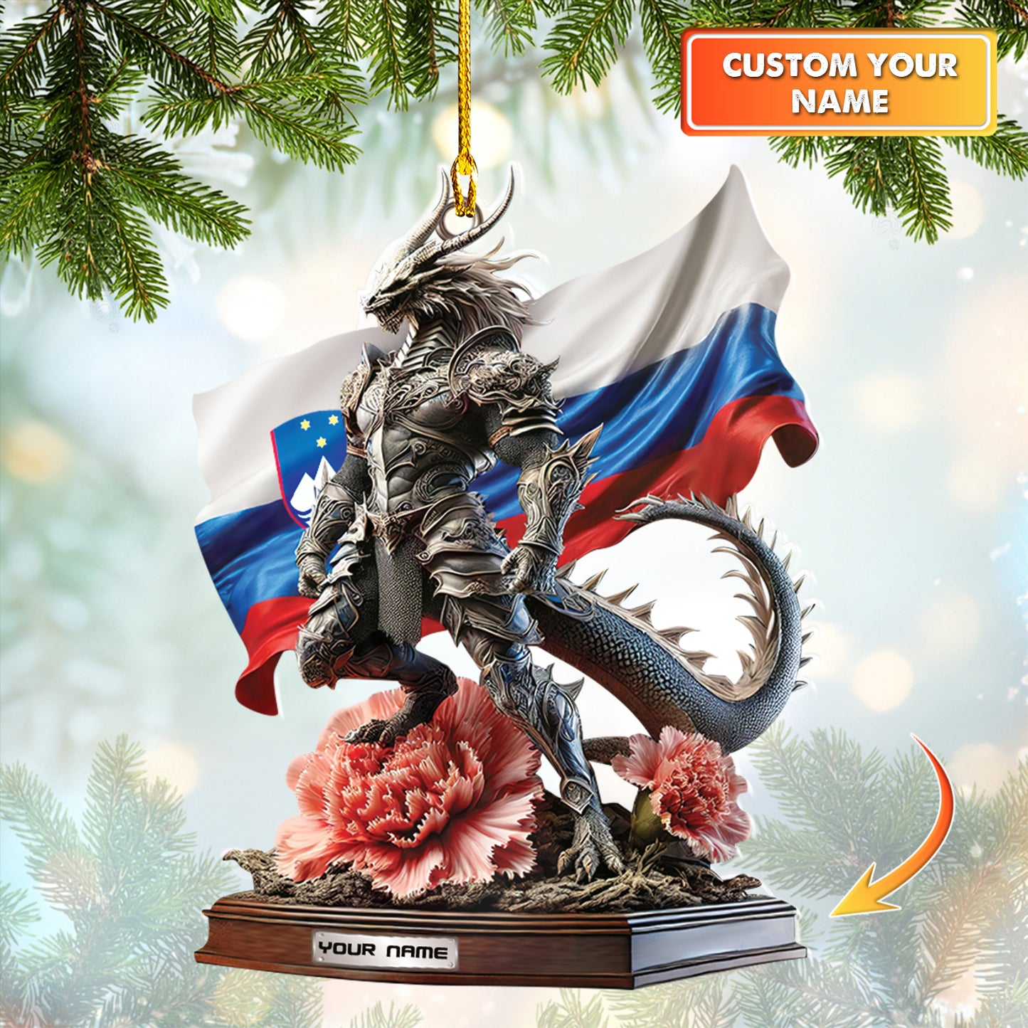 Personalized Slovenia Dragon Ornament Custom Fantasy Warrior Decor With Slovenian Flag