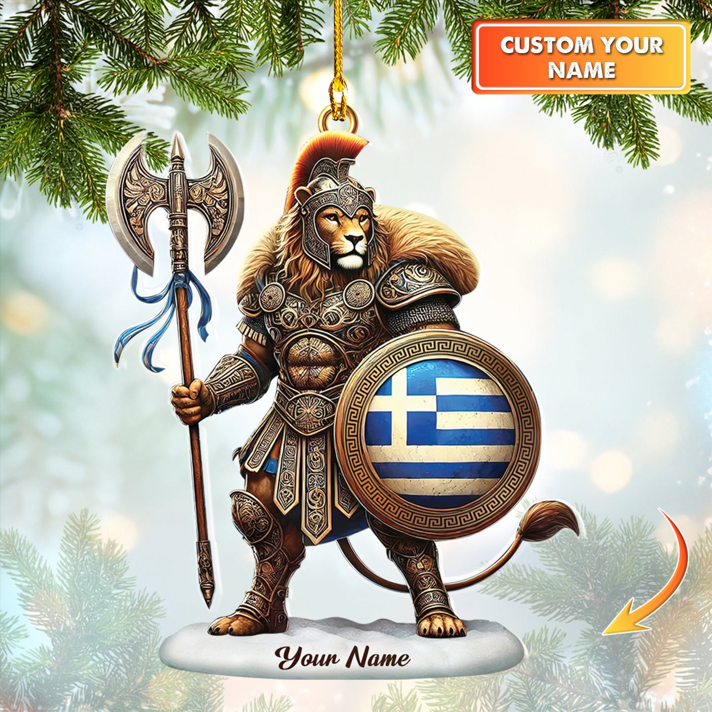 Custom Name Greek Lion Warrior Christmas Ornament - Personalized Spartan Holiday Decoration With Greece Flag Shield