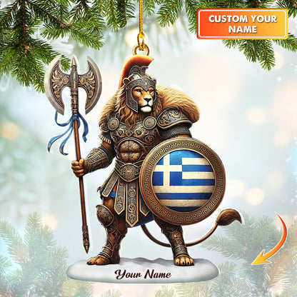 Custom Name Greek Lion Warrior Christmas Ornament - Personalized Spartan Holiday Decoration With Greece Flag Shield