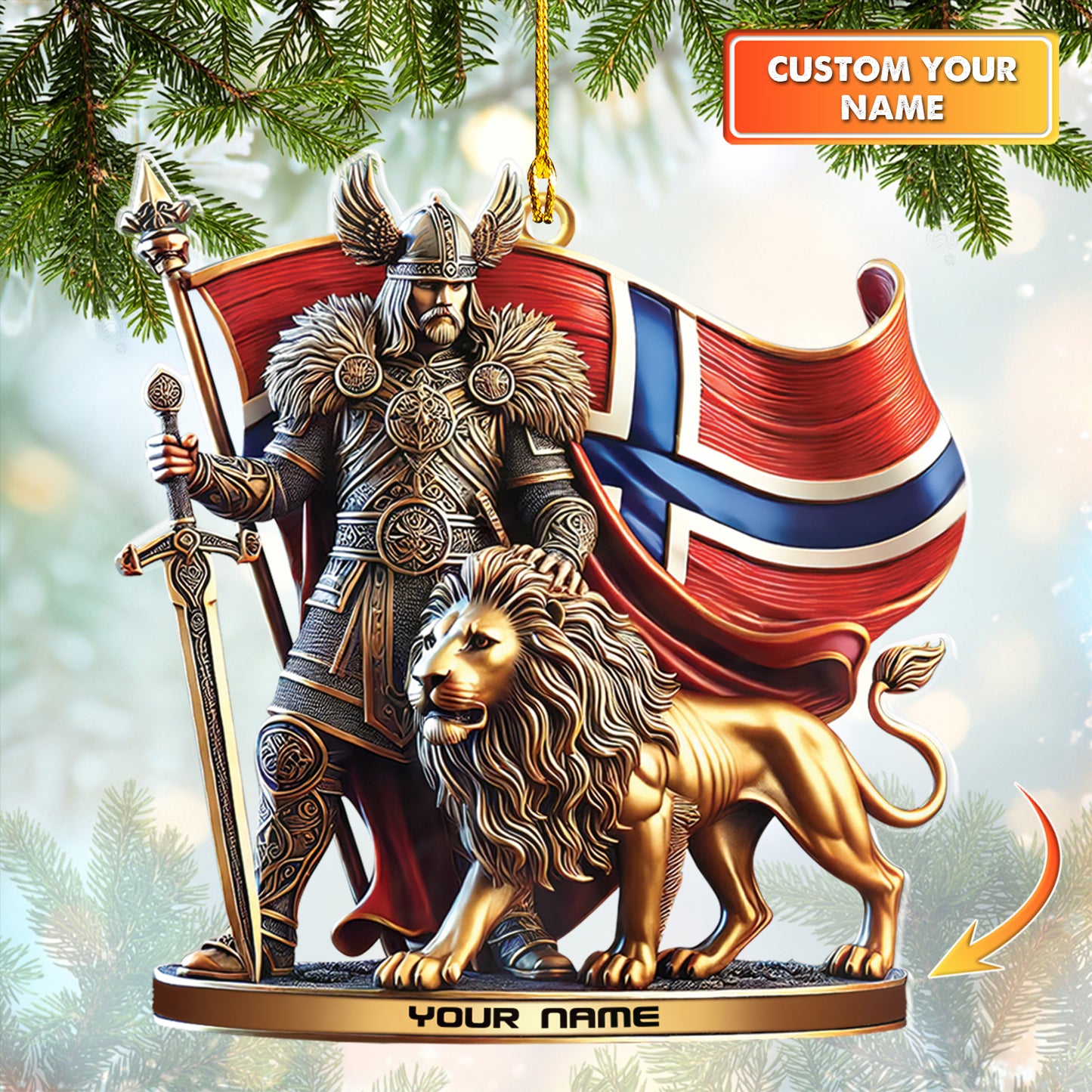 Personalized Norway Viking Ornament Custom Nordic Warrior Decor With Lion and Norwegian Flag