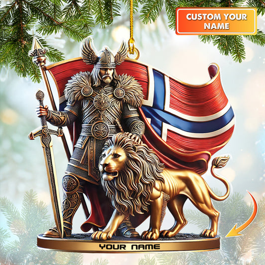 Personalized Norway Viking Ornament Custom Nordic Warrior Decor With Lion and Norwegian Flag