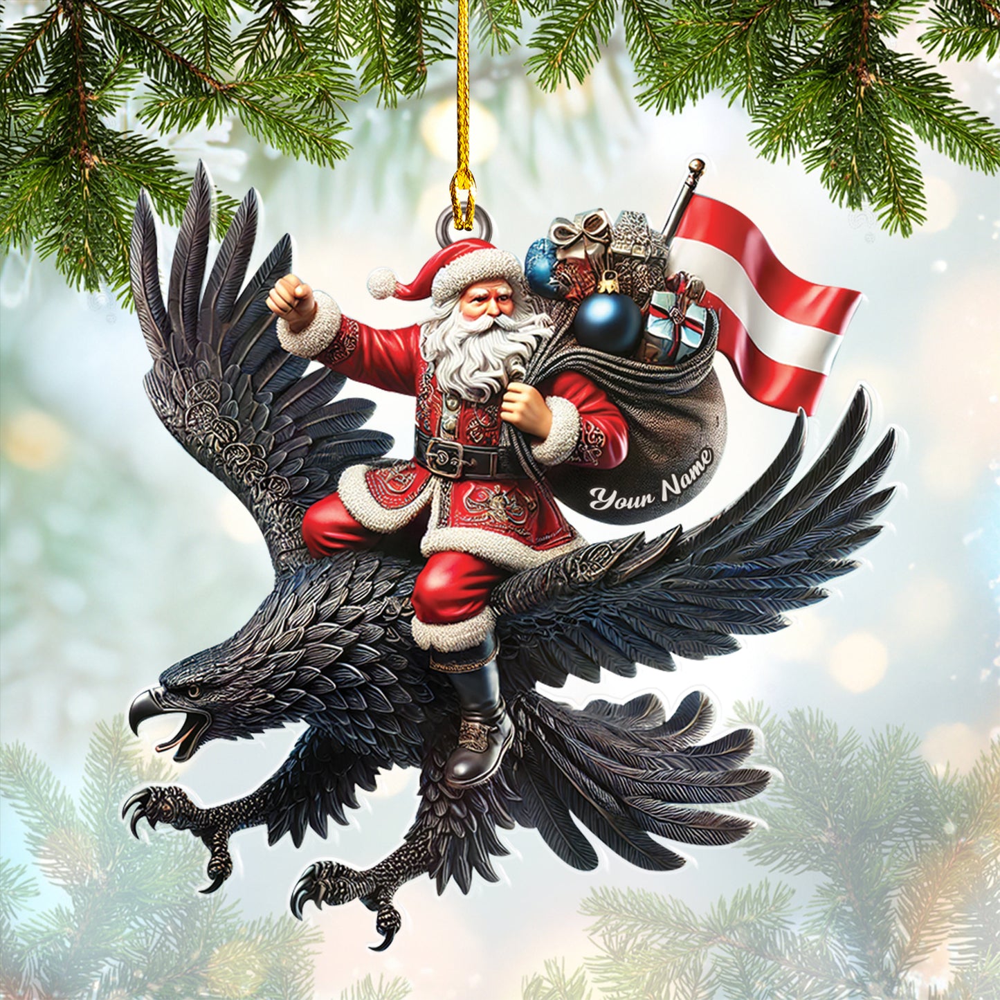 Custom Name Santa Claus Ride Austria Eagle Ornament, Home Decor Gift For Austria Lovers