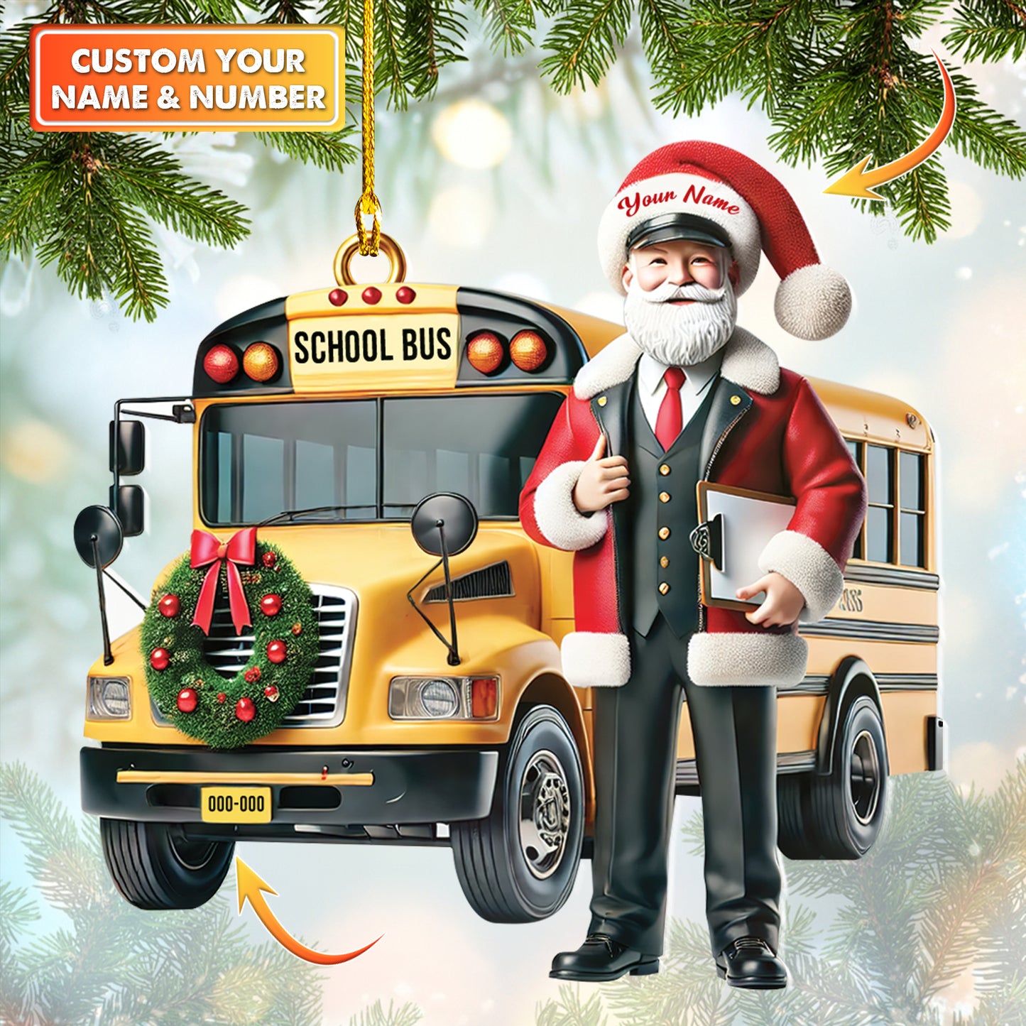 Custom Name & Number Santa School Bus Christmas Ornament - Personalized Holiday Decoration For Bus Drivers