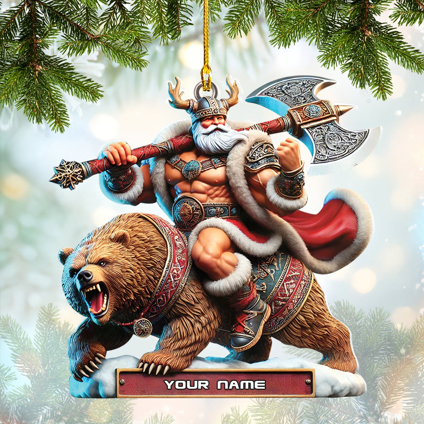 Personalized Viking Santa Ornament Custom Nordic Warrior On Bear Decor With Axe