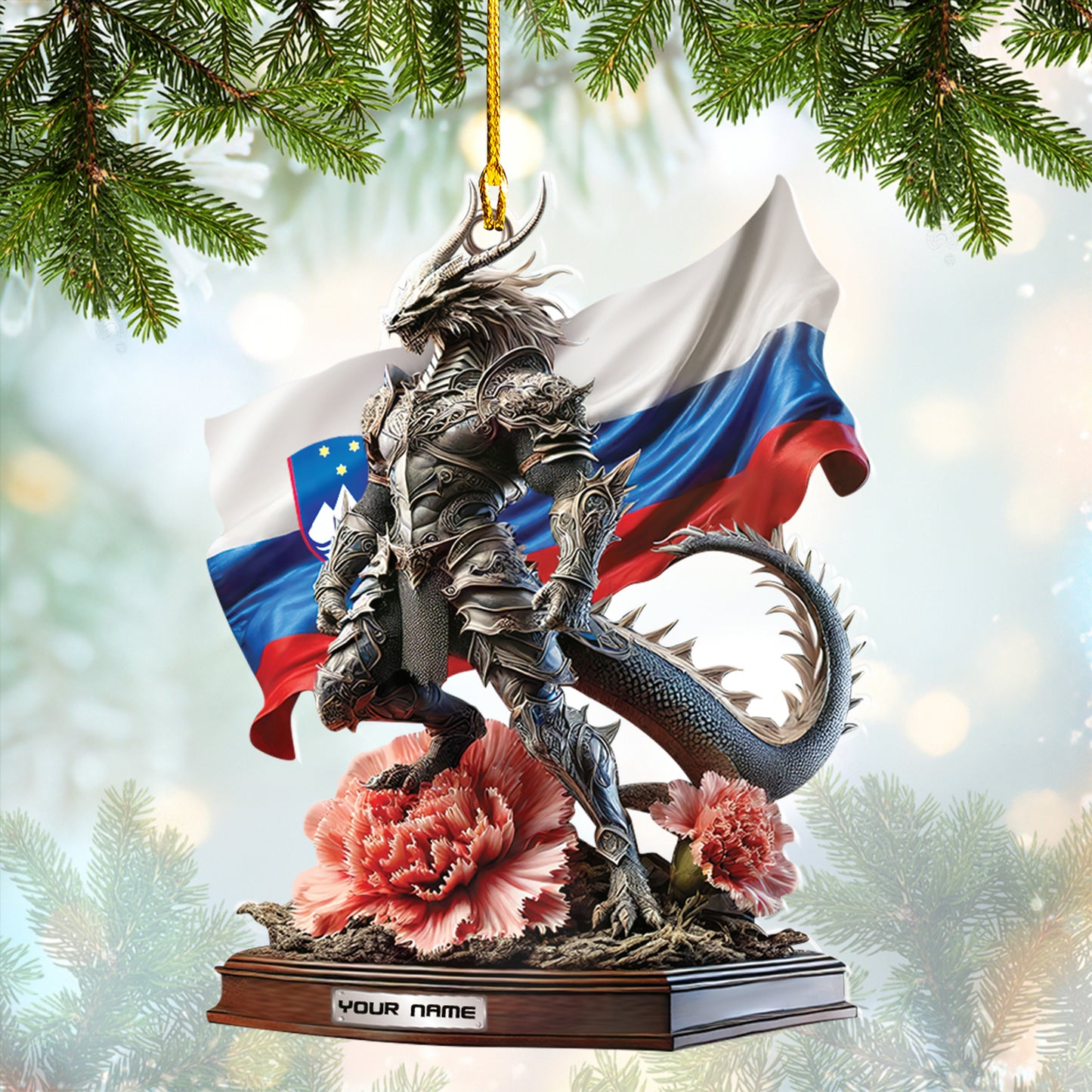 Personalized Slovenia Dragon Ornament Custom Fantasy Warrior Decor With Slovenian Flag