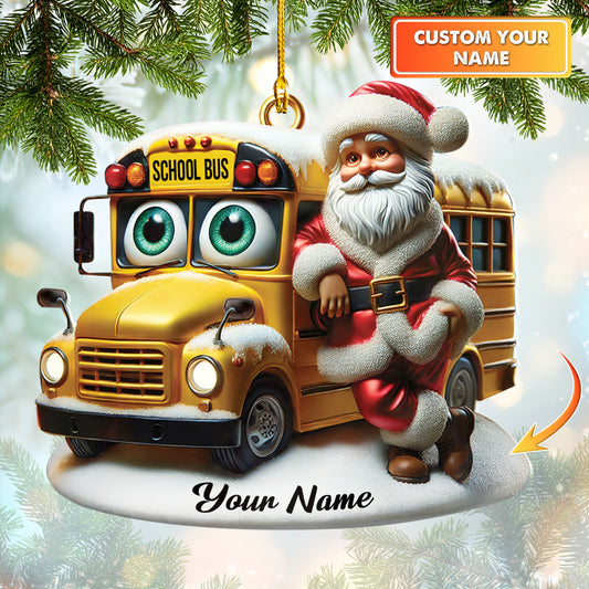 Personalized Santa and School Bus Ornament, Home Decor Gift For Bus Drive Lovers