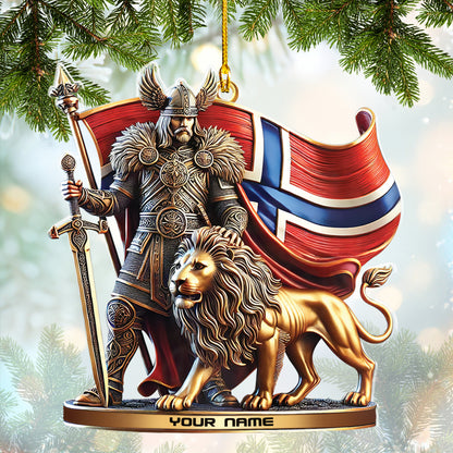 Personalized Norway Viking Ornament Custom Nordic Warrior Decor With Lion and Norwegian Flag