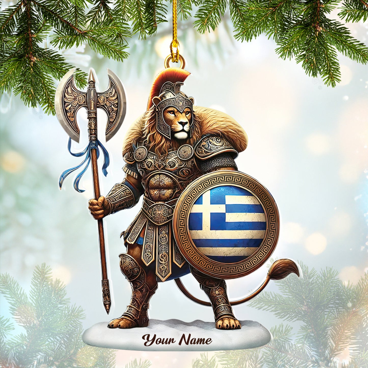 Custom Name Greek Lion Warrior Christmas Ornament - Personalized Spartan Holiday Decoration With Greece Flag Shield