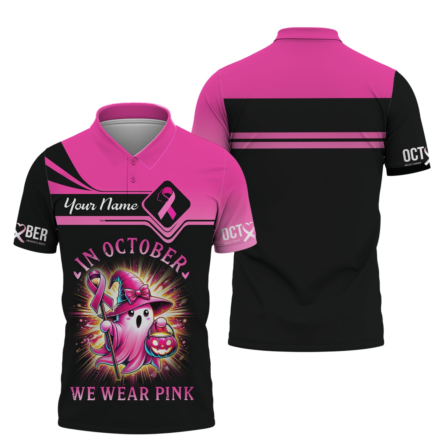 Camisetas con impresión 3D completa "En octubre usamos rosa" Regalo con nombre personalizado para sobrevivientes de cáncer