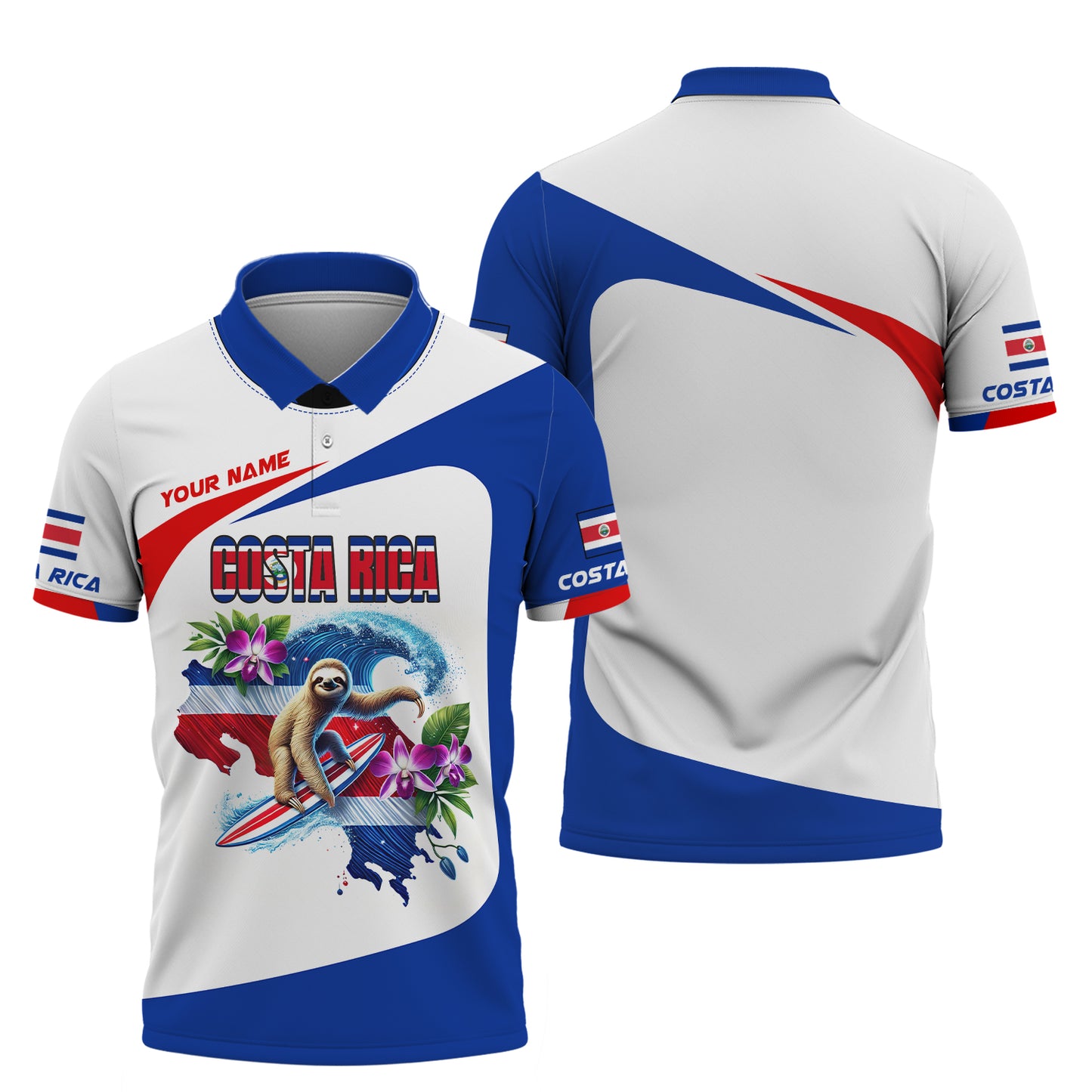 Custom Name 3D T-Shirts Sloth Surfing With Costa Rica Map Shirt Gift For Costa Rica Lovers