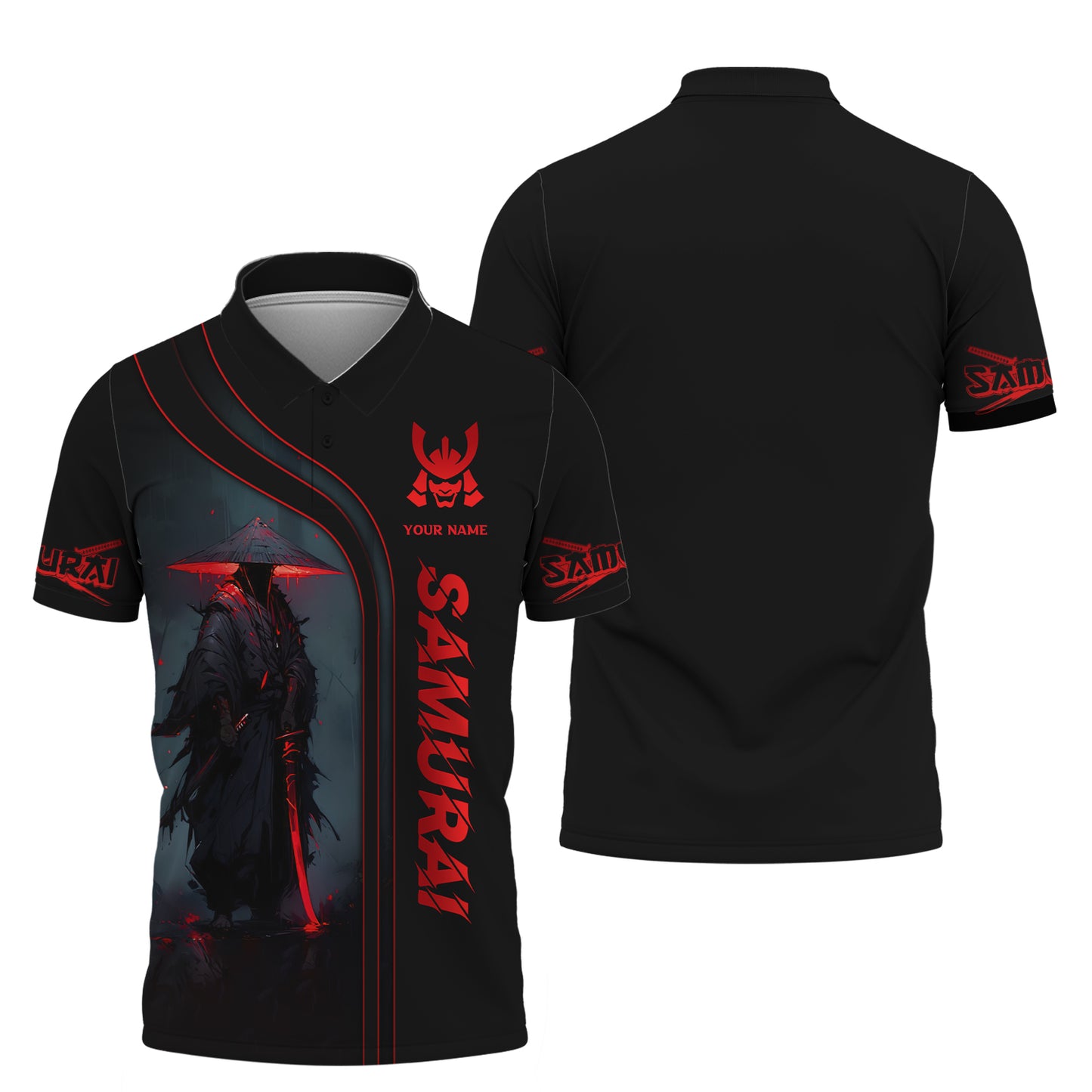 Camiseta personalizada con nombre en 3D de samurái con luz negra y roja, regalo personalizado para amantes de los samuráis