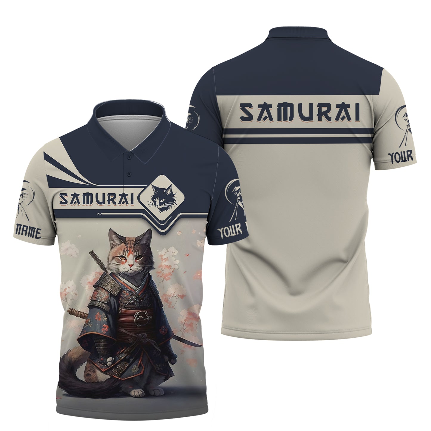 T-shirts personnalisés Cat Samurai Cat Samurai avec fleur de cerisier T-shirt 3D Cadeau pour les amoureux des samouraïs