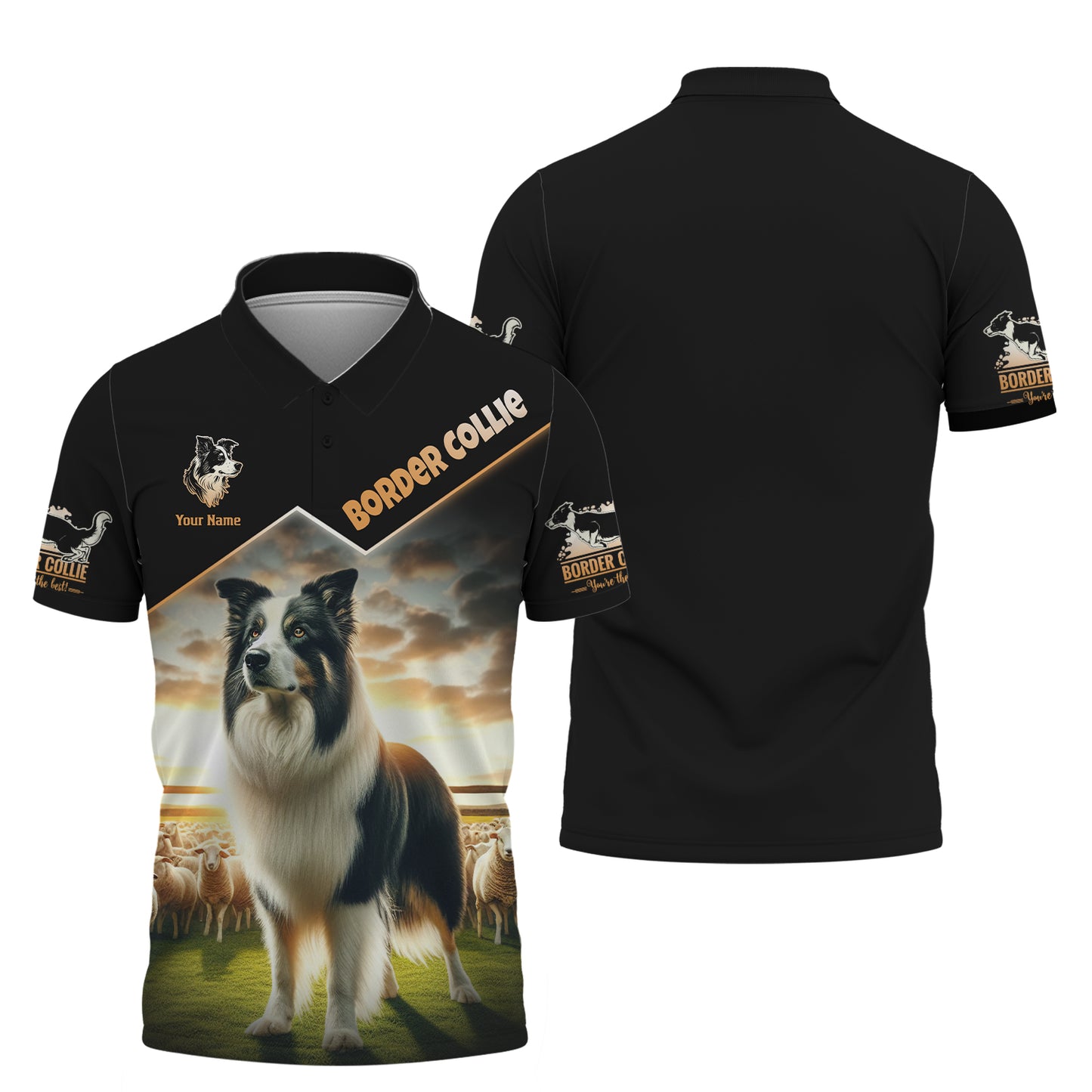 T-shirts 3D Full Print Border Collie On Sheep Farm Cadeau personnalisé avec nom pour les amoureux des chiens