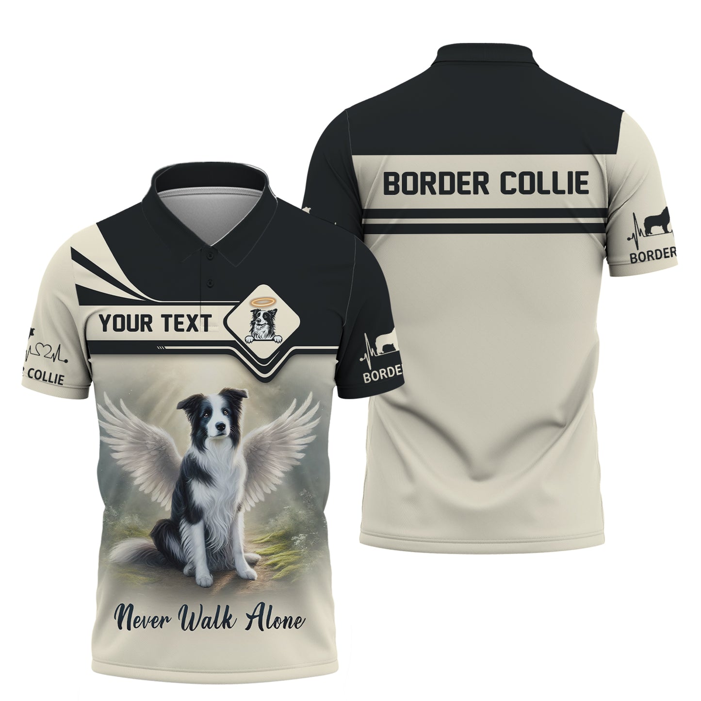 Camiseta personalizada con nombre en 3D de Border Collie. Nunca camines solo. Regalo para amantes de los perros